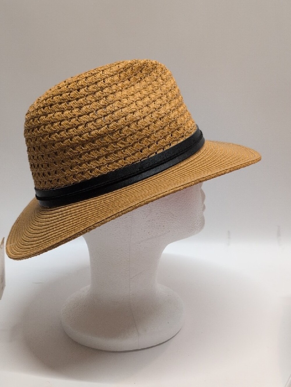 Women's Tan Straw Fedora with Black Band Size Small - Picture 5 of 6